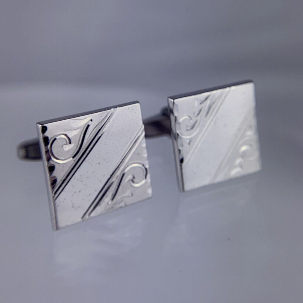Simple Etched Scroll Sterling Silver Cufflinks Foster Formal Square Vintage